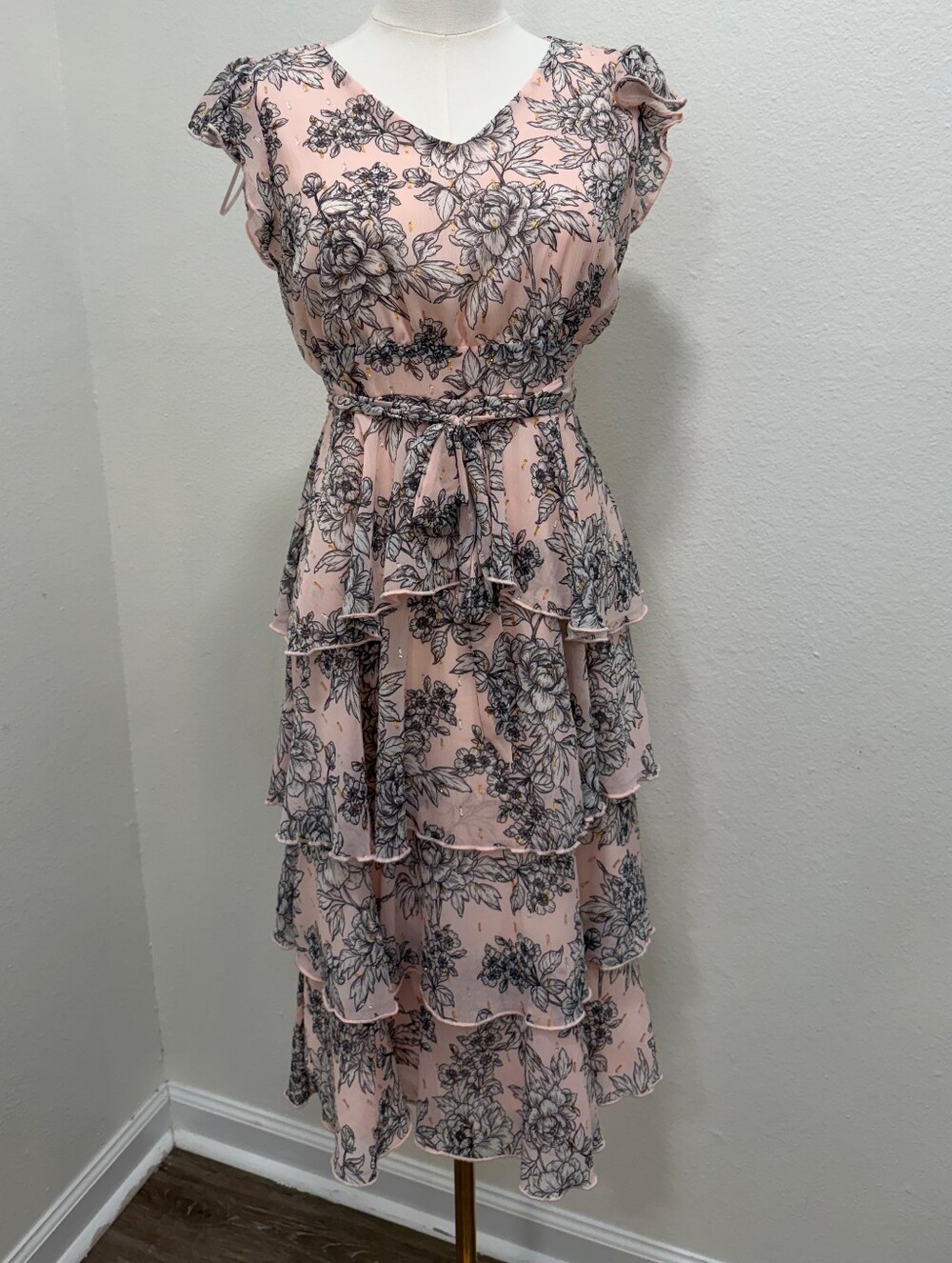 Girls' Pink Floral Tiered Ruffle Dress with Tie Waist